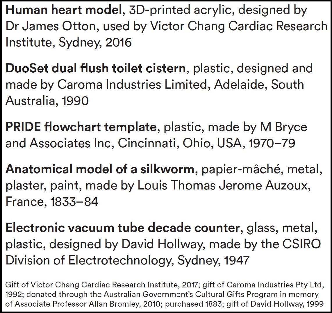 A screenshot of a sample of the object label listing report produced from the EMu collection database including the 3D printed human heart model, DuoSet dual flush toilet, PRIDE flowcharting template, anatomical model of a silkworm and electronic vacuum tube decade counter